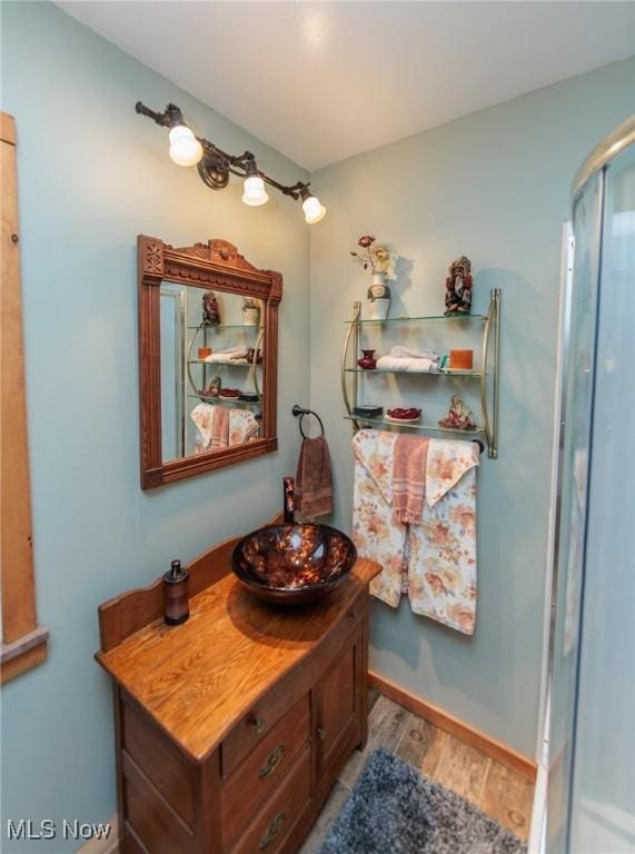 11756 Clarke Rd, Columbia Station, OH 44028 - bathroom featuring wood finished floors, vanity, and a shower stall