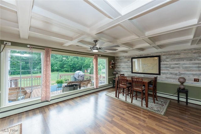 11756 Clarke Rd, Columbia Station, OH 44028 - dining space featuring coffered ceiling, baseboard heating, wood finished floors, healthy amount of natural light, and beam ceiling