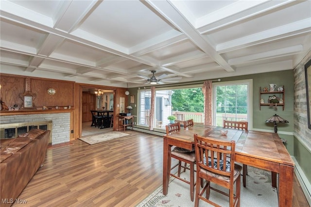 11756 Clarke Rd, Columbia Station, OH 44028 - dining space with wood finished floors, coffered ceiling, beam ceiling, ceiling fan, and a baseboard heating unit