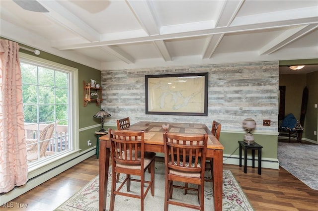 11756 Clarke Rd, Columbia Station, OH 44028 - dining room featuring baseboard heating, an accent wall, wood finished floors, beamed ceiling, and coffered ceiling
