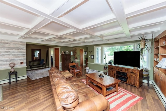 11756 Clarke Rd, Columbia Station, OH 44028 - living area featuring coffered ceiling, wood finished floors, baseboard heating, a baseboard radiator, and beamed ceiling