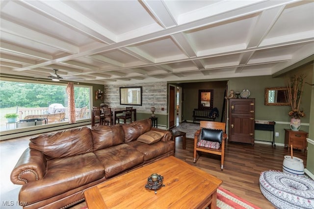 11756 Clarke Rd, Columbia Station, OH 44028 - living area featuring wood finished floors, coffered ceiling, ceiling fan, and beamed ceiling