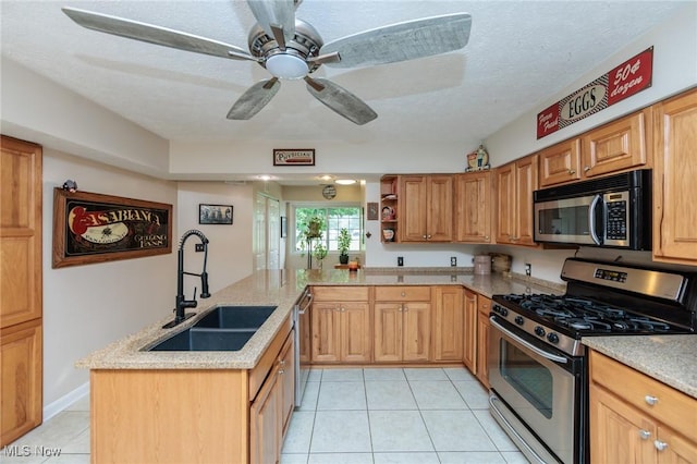 11756 Clarke Rd, Columbia Station, OH 44028 - kitchen with stainless steel appliances, light tile patterned floors, a peninsula, open shelves, and light stone countertops