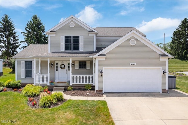 3100 Ravineview Cir, Stow, OH 44224 - traditional-style house with a porch, driveway, a front yard, an attached garage, and roof with shingles