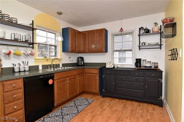 3921 Grosvenor Rd, South Euclid, OH 44118 - kitchen with open shelves, dishwasher, dark countertops, and light wood-style floors
