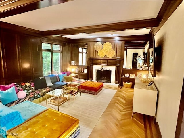 23547 Quail Holw, Westlake, OH 44145 - living area featuring beamed ceiling, a fireplace with raised hearth, and wood walls
