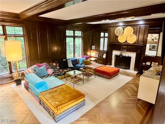 23547 Quail Holw, Westlake, OH 44145 - living room with beam ceiling, a premium fireplace, and wooden walls