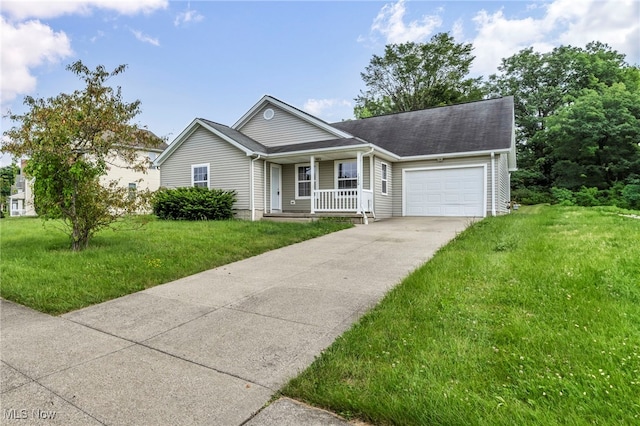 1350 Elmside St, Alliance, OH 44601 - single story home with a porch, a garage, driveway, a front lawn, and a shingled roof