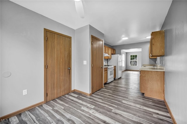 1350 Elmside St, Alliance, OH 44601 - kitchen featuring white appliances, under cabinet range hood, wood finished floors, and light countertops