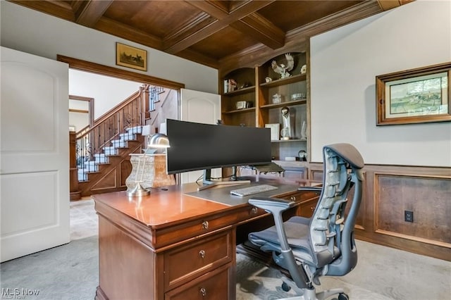 32305 Monaco Pl, Avon Lake, OH 44012 - office with coffered ceiling, a wood ceiling with exposed beams, built in features, ornamental molding, and light colored carpet