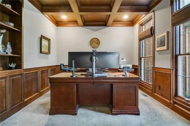 32305 Monaco Pl, Avon Lake, OH 44012 - home office with light colored carpet, ornamental molding, healthy amount of natural light, coffered ceiling, and beamed ceiling