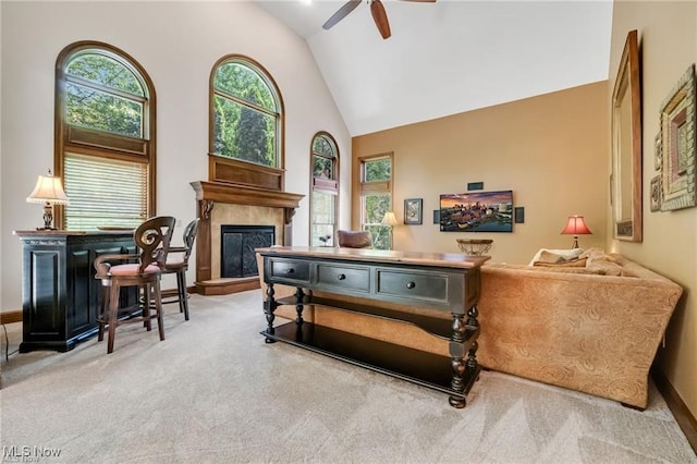 32305 Monaco Pl, Avon Lake, OH 44012 - home office with a high end fireplace, carpet floors, ceiling fan, and high vaulted ceiling