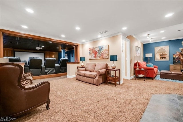 32305 Monaco Pl, Avon Lake, OH 44012 - living room with crown molding, carpet flooring, and recessed lighting
