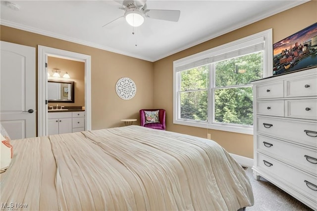 32305 Monaco Pl, Avon Lake, OH 44012 - bedroom with ornamental molding, ensuite bath, a ceiling fan, and carpet