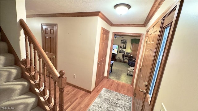 6190 3rd Ave, Kent, OH 44240 - hallway featuring light wood-style floors, crown molding, and stairway