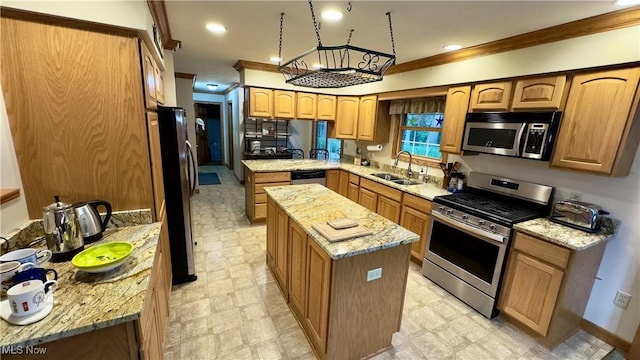 6190 3rd Ave, Kent, OH 44240 - kitchen featuring appliances with stainless steel finishes, ornamental molding, a kitchen island, light stone counters, and light flooring