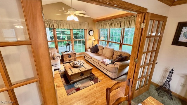 6190 3rd Ave, Kent, OH 44240 - living room featuring ceiling fan, wood finished floors, and vaulted ceiling