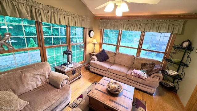 6190 3rd Ave, Kent, OH 44240 - living room with vaulted ceiling, wood finished floors, and ceiling fan