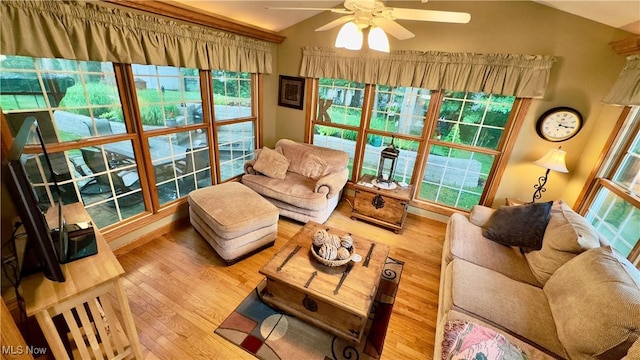 6190 3rd Ave, Kent, OH 44240 - living room featuring vaulted ceiling, wood finished floors, healthy amount of natural light, and ceiling fan