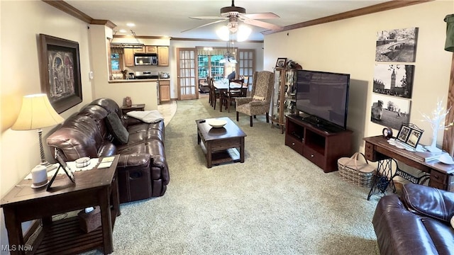 6190 3rd Ave, Kent, OH 44240 - living room featuring light colored carpet, crown molding, and a ceiling fan