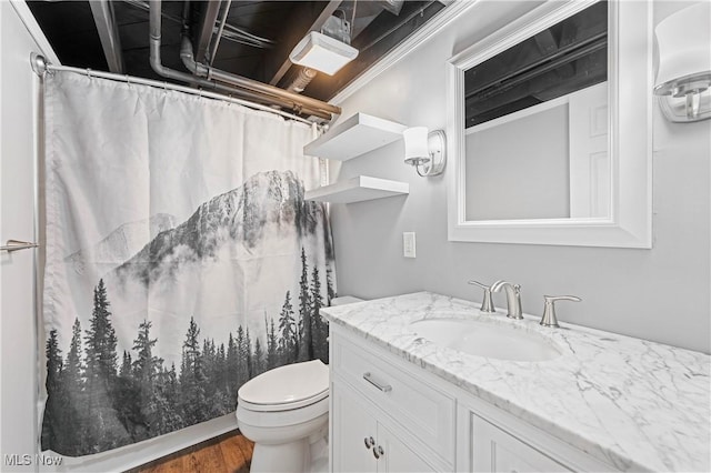 6767 Chippewa Ave NW, North Canton, OH 44720 - bathroom featuring vanity, wood finished floors, and a shower with curtain