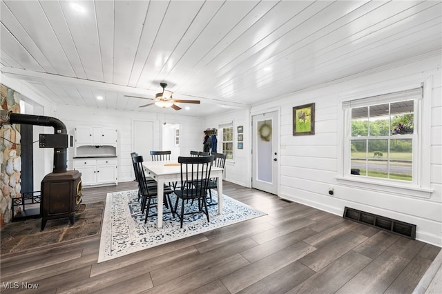 6062 Trask Rd, Thompson, OH 44086 - dining room with a wood stove, dark wood-style floors, ceiling fan, wood ceiling, and recessed lighting