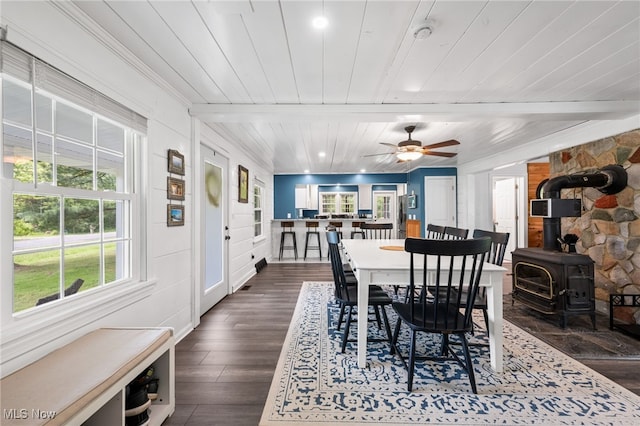 6062 Trask Rd, Thompson, OH 44086 - dining room with dark wood finished floors, a wood stove, a wooden ceiling with exposed beams, and a ceiling fan