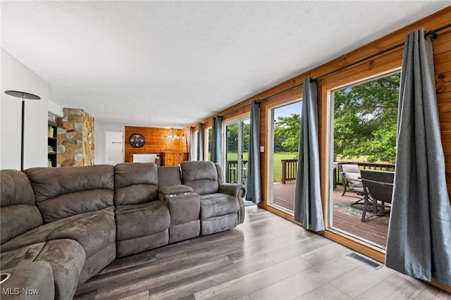 6062 Trask Rd, Thompson, OH 44086 - living room featuring plenty of natural light, wooden walls, and a textured ceiling