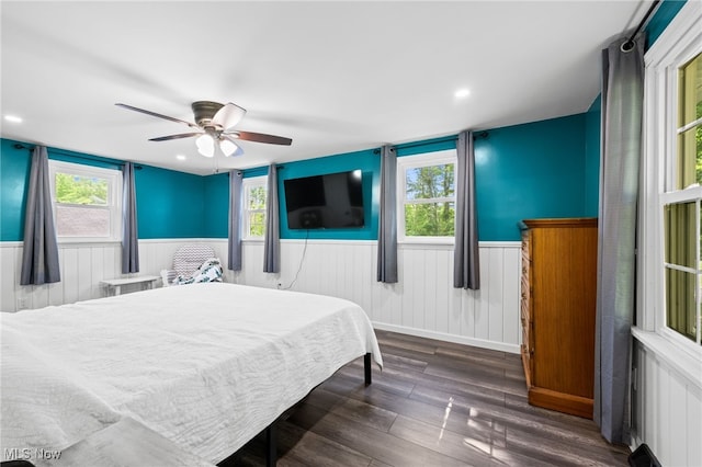6062 Trask Rd, Thompson, OH 44086 - bedroom with a wainscoted wall, dark wood-style flooring, ceiling fan, and recessed lighting