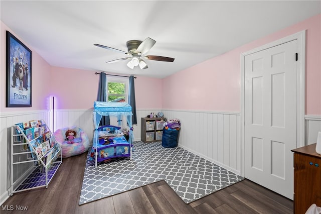 6062 Trask Rd, Thompson, OH 44086 - game room with wainscoting, wood finished floors, and ceiling fan