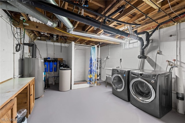 6062 Trask Rd, Thompson, OH 44086 - unfinished basement with washing machine and dryer, electric water heater, a water softener system, and concrete block wall