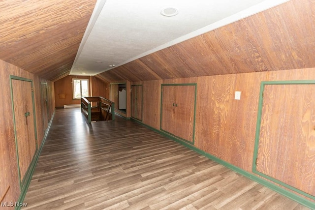 4011 Lancaster Rd, South Euclid, OH 44121 - bonus room featuring lofted ceiling, wood walls, a baseboard radiator, and wood finished floors