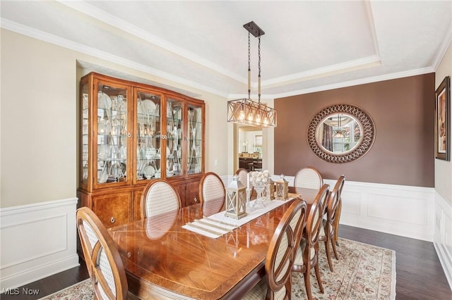 685 Shannon Pl, Aurora, OH 44202 - dining room with dark wood-style flooring, a wainscoted wall, ornamental molding, a raised ceiling, and a decorative wall