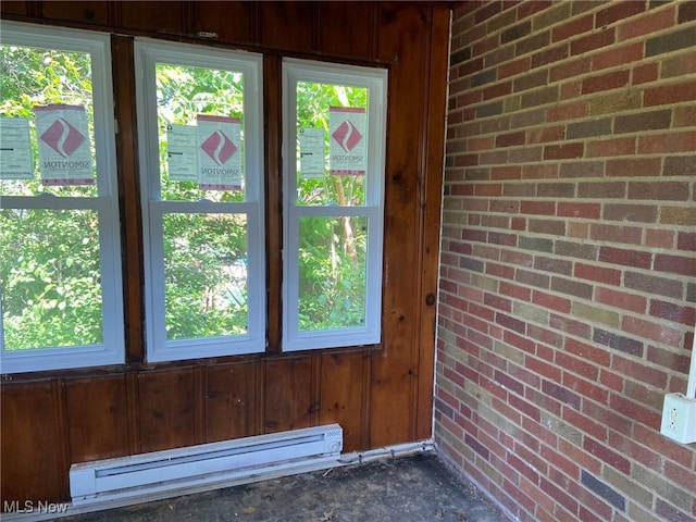 20171 Lake Shore Blvd, Euclid, OH 44123 - doorway featuring baseboard heating, wood walls, and brick wall