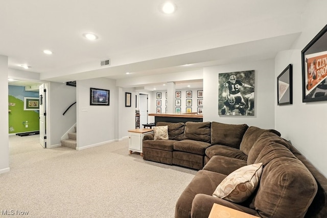 4020 Bishops Gate Cir, Stow, OH 44224 - living room featuring recessed lighting, light colored carpet, and stairs