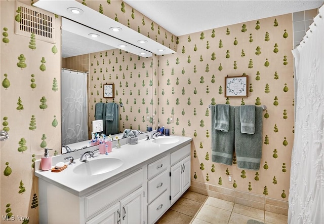 335 N Union Ave, Salem, OH 44460 - full bathroom featuring double vanity, wallpapered walls, tile patterned floors, a shower with curtain, and recessed lighting