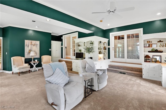 335 N Union Ave, Salem, OH 44460 - carpeted living area featuring ornamental molding, ceiling fan, and recessed lighting