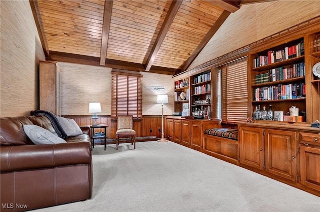 335 N Union Ave, Salem, OH 44460 - living area with a wooden ceiling with exposed beams, carpet, a wainscoted wall, wooden walls, and high vaulted ceiling