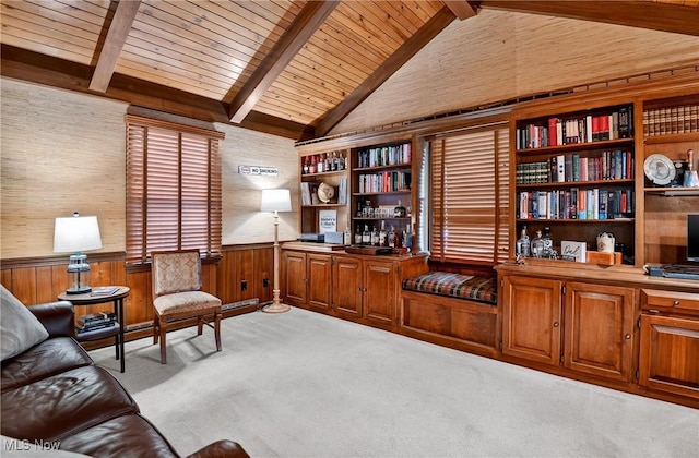 335 N Union Ave, Salem, OH 44460 - sitting room featuring a wainscoted wall, light colored carpet, wooden walls, a wood ceiling with exposed beams, and high vaulted ceiling