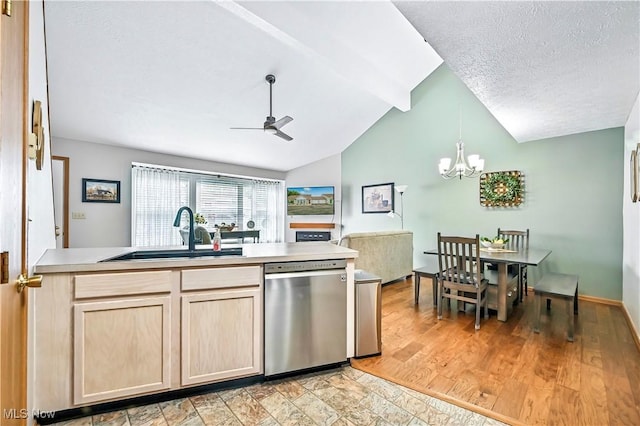 3310 Trappers Trl Unit C, Cortland, OH 44410 - kitchen featuring stainless steel dishwasher, light brown cabinets, ceiling fan, a chandelier, and light countertops