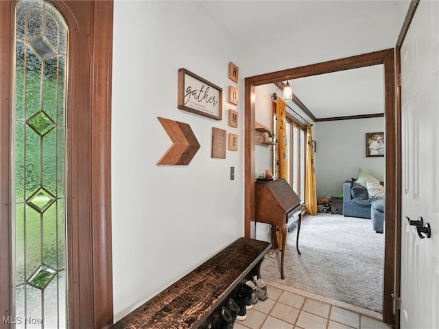 19070 Ridgeview Trl, Chagrin Falls, OH 44023 - entryway featuring light colored carpet, light tile patterned flooring, and crown molding