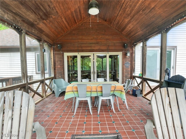 19070 Ridgeview Trl, Chagrin Falls, OH 44023 - sunroom featuring french doors, lofted ceiling, and outdoor dining area