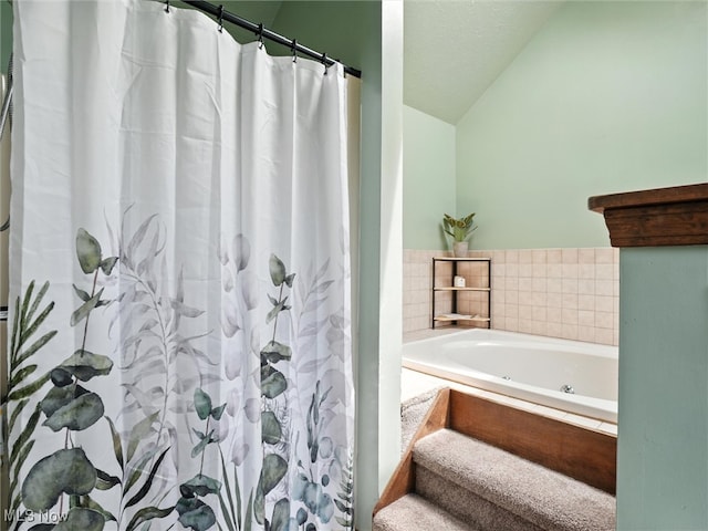 19070 Ridgeview Trl, Chagrin Falls, OH 44023 - bathroom with lofted ceiling, a garden tub, and a shower with shower curtain