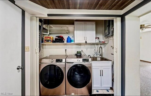 4611 W 158th St, Cleveland, OH 44135 - washroom with cabinet space, washer and clothes dryer, and wood ceiling
