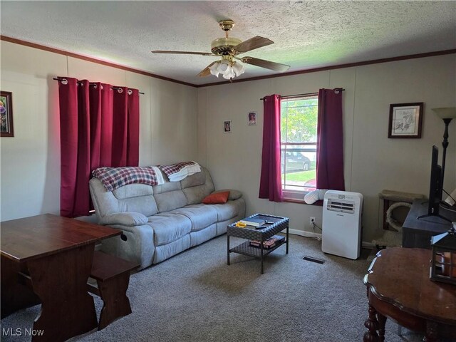 10039 State Route 700, Mantua, OH 44255 - carpeted living room with crown molding, a ceiling fan, and a textured ceiling
