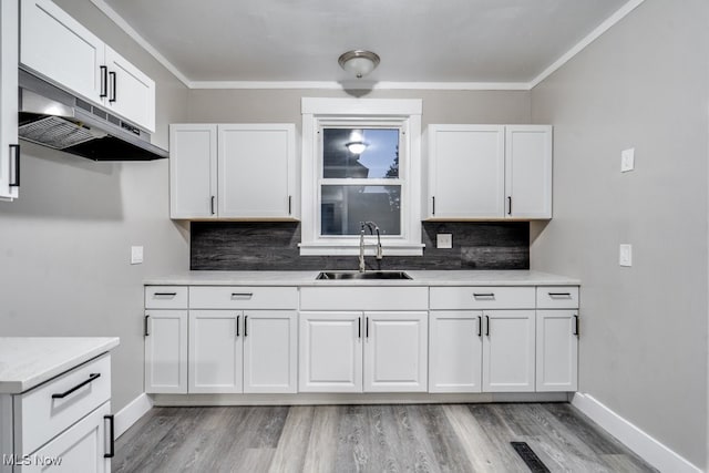 2819 4th St NW, Canton, OH 44708 - kitchen featuring under cabinet range hood, tasteful backsplash, light wood-style flooring, white cabinetry, and ornamental molding