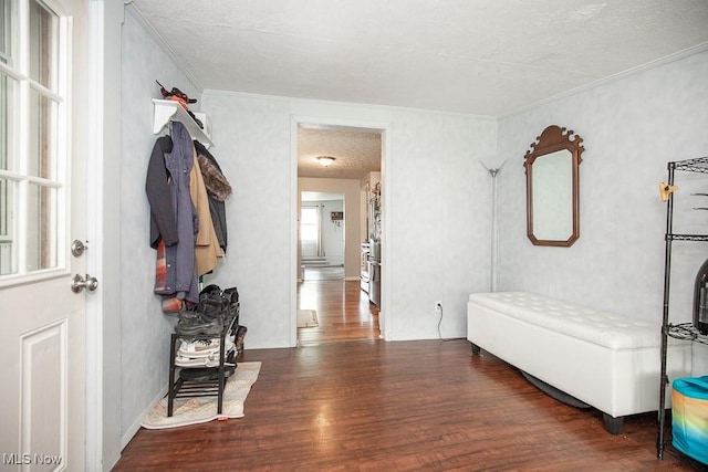 195 S Point Dr, Avon Lake, OH 44012 - hallway with ornamental molding, wood finished floors, and a textured ceiling