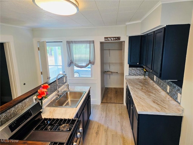 3986 Newton Falls Bailey Rd, Newton Falls, OH 44444 - kitchen with stainless steel gas range oven, crown molding, light wood-type flooring, tasteful backsplash, and dark cabinets