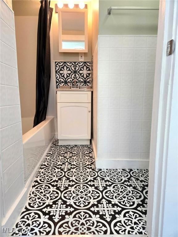 3986 Newton Falls Bailey Rd, Newton Falls, OH 44444 - full bathroom with shower / bath combination with curtain, tile patterned flooring, and tile walls