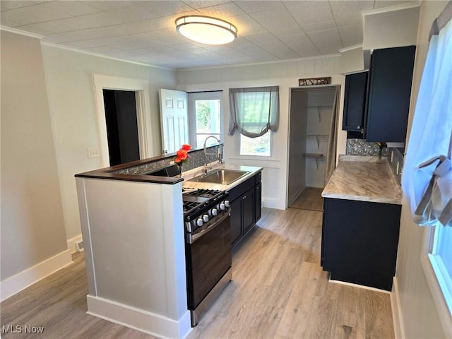 3986 Newton Falls Bailey Rd, Newton Falls, OH 44444 - kitchen featuring stainless steel range, crown molding, light wood-type flooring, dark cabinets, and a center island with sink